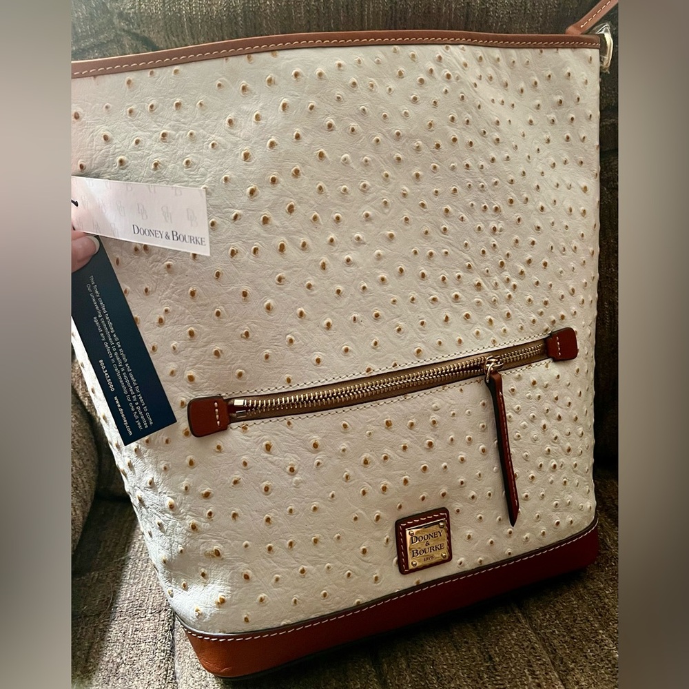 NWT Dooney Ostrich Polka Dots Brown and White Bag with dust bag